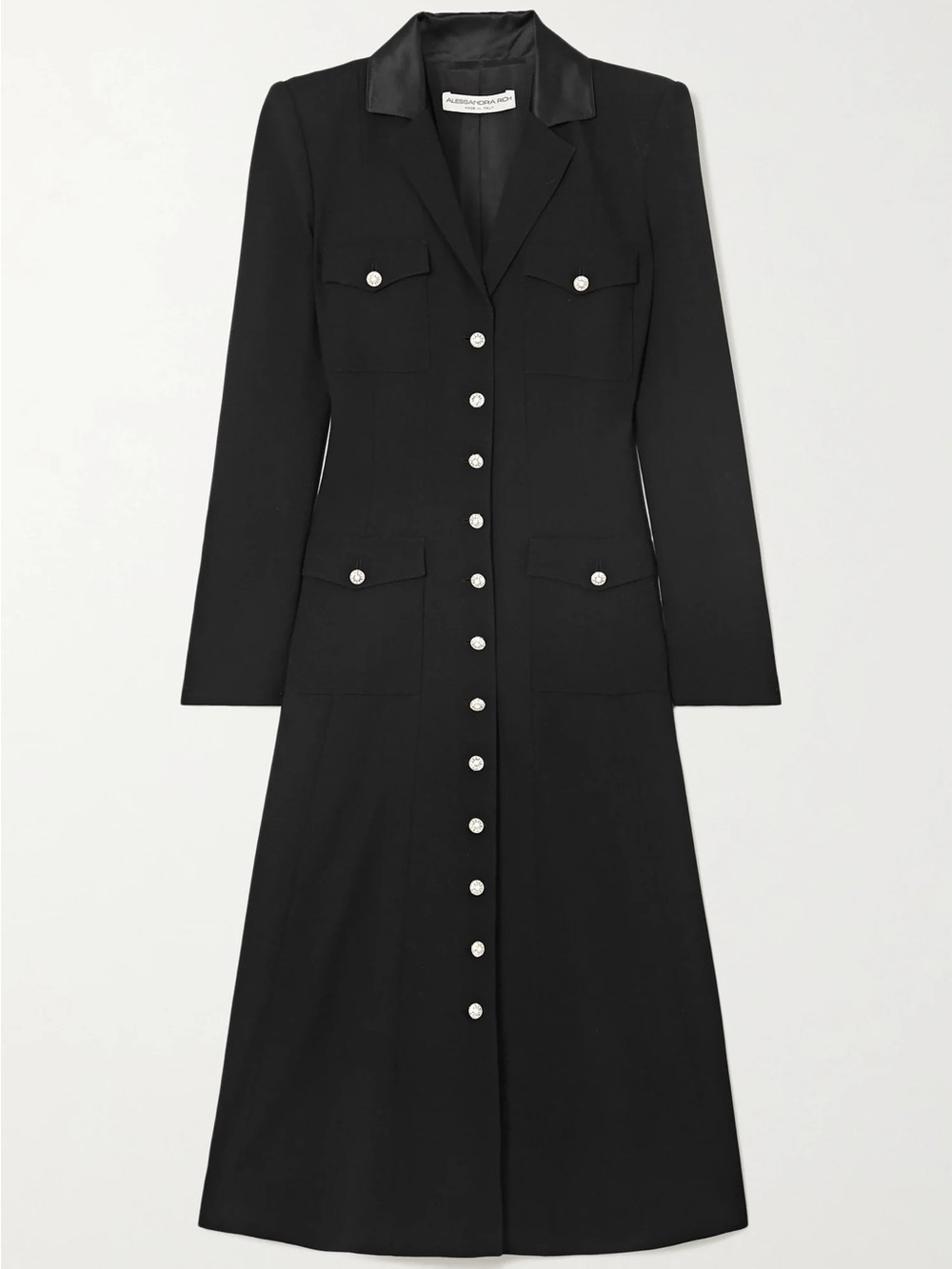 Alessandra Rich Black Long-Sleeve Button-Front Dress with Pearl Buttons